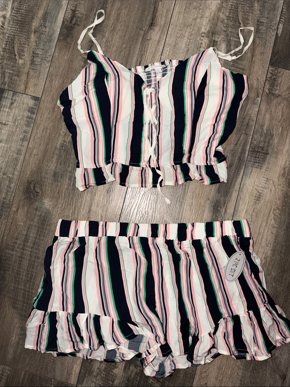 Striped Ruffle Drawstring Shorts - Pink, Navy & Green